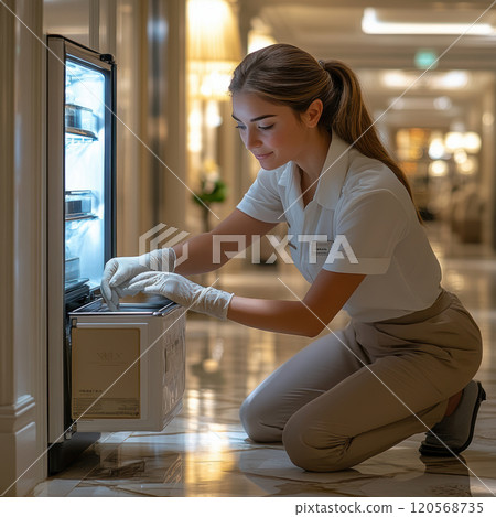 housekeeper checking inside mini fridge in luxurious hotel hallway, ensuring everything is in order. scene conveys professionalism and attention to detail 120568735