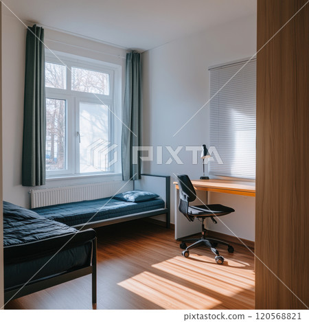 bright and modern single bedroom featuring bed, desk, and chair. Natural light streams through window, creating warm and inviting atmosphere 120568821