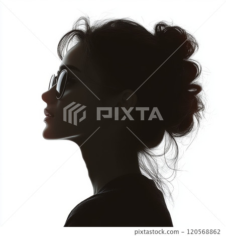 silhouette of woman wearing sunglasses, showcasing stylish profile. image captures sense of mystery and elegance, perfect for fashion or lifestyle themes 120568862