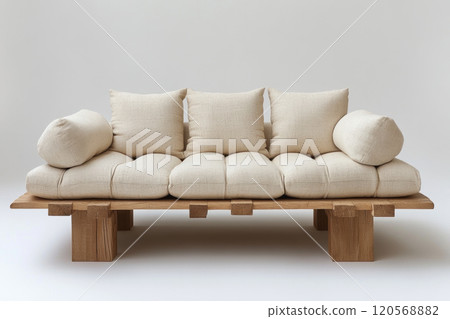 sleek modern sofa with soft, comfortable cushions, perfect for any living space. Its unique design combines natural wood and plush fabric for cozy atmosphere 120568882