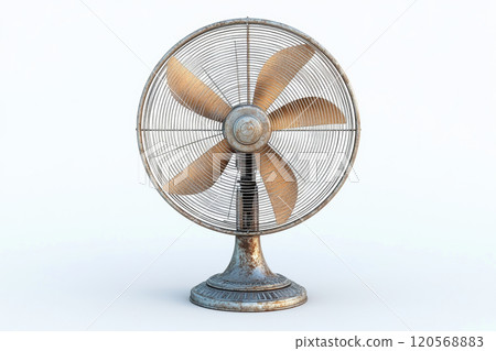 vintage standing fan with rustic design and quiet motor, perfect for adding classic touch to any room. Its metal frame and wooden blades enhance its charm 120568883