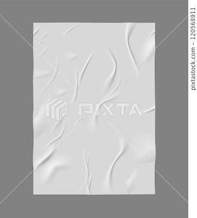 Paper wrinkled poster, glued wrinkles rectangle white sheet, vector realistic crumpled vertical paper blank, wet sticker 120568911