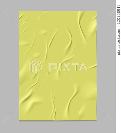Paper wrinkled poster or flyer, glued creased rectangle yellow sheet, vector realistic wet crumpled vertical paper blank 120568912