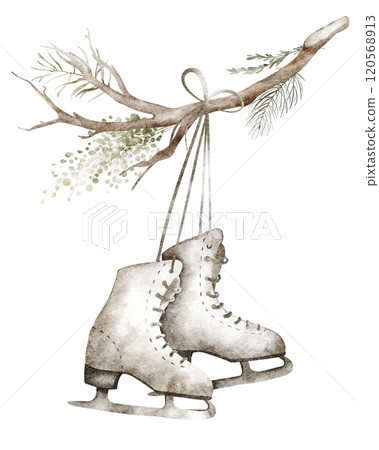 Hanging figure skates isolated on white background. Watercolor illustration winter shoes on a dry tree branch. Drawing of Сhristmas element in vintage style for stickers and greeting cards. Hanging figure skates isolated on white background. Watercolor illustration winter shoes on a dry tree branch. Drawing of Сhristmas element in vintage style for stickers and greeting cards. 120568913