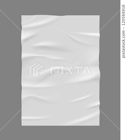 Paper wave wrinkled poster, vector realistic glued creased rectangle white sheet, wet crumpled vertical sticker blank 120568916