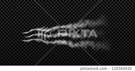 Rocket or jet aircraft smoke trail three curves stripes, vector realistic white fume flow, space launch trace, fog steam Rocket or jet aircraft smoke trail three curves stripes, vector realistic white fume flow, space launch trace, fog steam 120568930