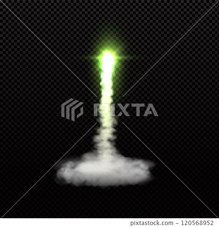 Rocket fire smoke or jet aircraft trail with steam cloud, vector realistic space rocket launch trail, green burst flow 120568952