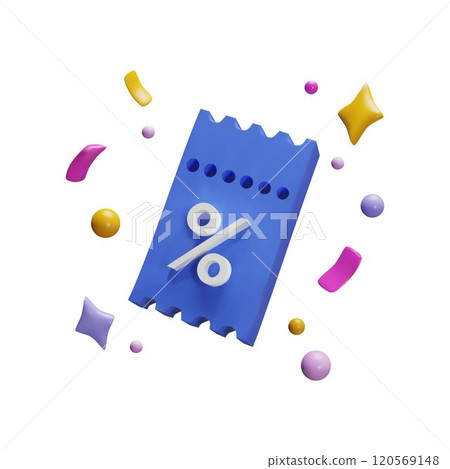 Vector 3d illustration with blue gift coupon image with percent sign and colorful confetti around. Vector 3d illustration with blue gift coupon image with percent sign and colorful confetti around. 120569148