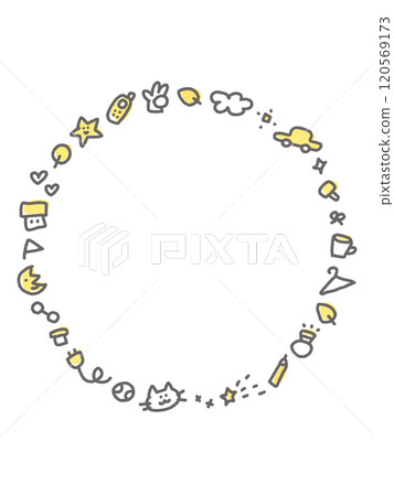 一個可愛的圓形框架，看起來像各種塗鴉：星星、月亮、汽車、時鐘、翻蓋手機、貓 120569173