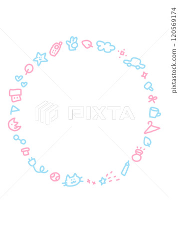 一個可愛的圓形框架，看起來像各種塗鴉：星星、月亮、汽車、時鐘、翻蓋手機、貓 120569174