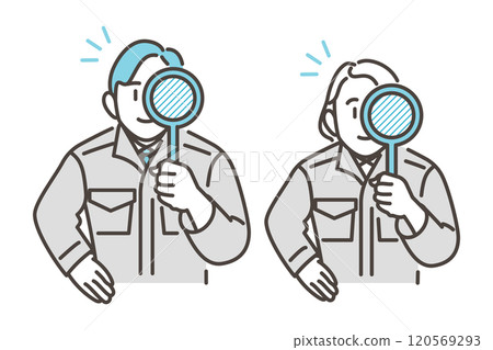 Male and female workers in work clothes examining with a magnifying glass [Vector illustration material] 120569293