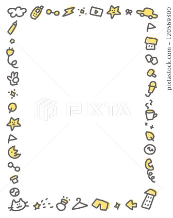 一個可愛的框架，看起來像各種塗鴉：星星、月亮、汽車、時鐘、翻蓋手機、貓 120569300