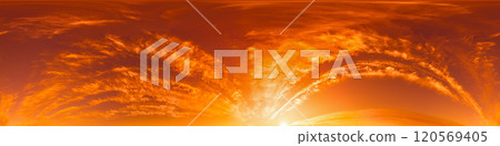 Golden glowing red orange overcast sunset sky 360 hdr panorama. Seamless spherical equirectangular panorama. Sky dome or zenith for 3D visualization and sky replacement for aerial drone 360 panoramas. Golden glowing red orange overcast sunset sky 360 hdr panorama. Seamless spherical equirectangular panorama. Sky dome or zenith for 3D visualization and sky replacement for aerial drone 360 panoramas. 120569405