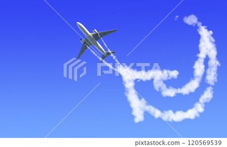 Vertical nature background with cloud in the form of arrow, aircraft and Jet trailing smoke in sky. Airplane and condensation trail. Foggy trail jet and plane in blue sky. Traveling the world concept 120569539