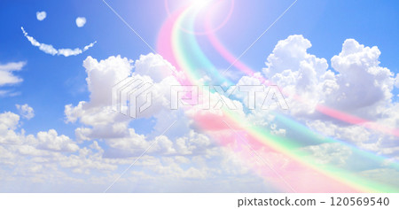 Feeling happy and good mood concept. Horizontal nature banner with blue sky, pretty clouds, rainbow and funny cloud emoji. Rainbow Sky. Fluffy clouds with a giant arcing rainbow 120569540