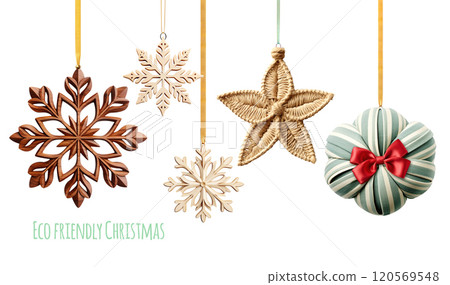 Eco friendly Christmas. Homemade Christmas ornaments made of natural biodegradable materials. Ecology, environmental conservation, zero waste concept. Isolated on white background 120569548