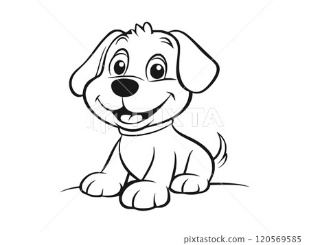 A friendly, cartoon-style puppy with big eyes and a happy smile in black and white. 120569585