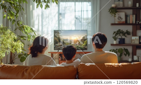 一個家庭在客廳裡看電視 一個家庭在客廳裡看電視 120569820