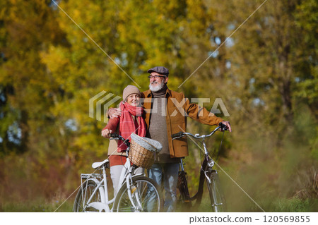 Lovely elderly couple on a walk in the forest, pushing their bikes side by side. Seniors in love on stroll through autumn nature, enjoying a peaceful moment together. 120569855
