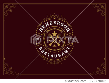 Vintage luxury floral swirl golden crossed fork with crown restaurant logo design template vector 120570006