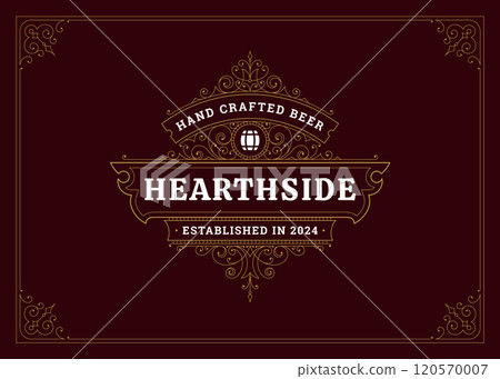 Antique luxury golden swirl ornate barrel craft beer pub bar logo design template vector 120570007