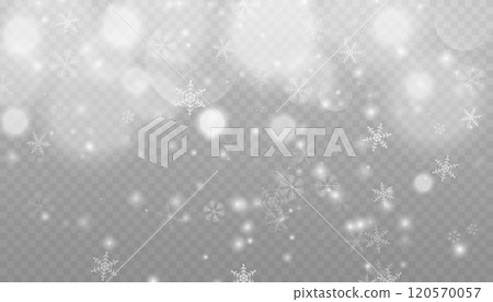 Winter background with snow in transparent Falling Snowflakes. Christmas snowflakes on a transparent background. Snowfall. Christmas or New Year card. Falling Snowflakes 120570057