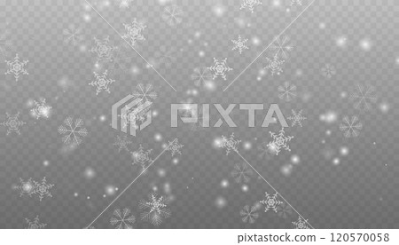 Realistic falling snow with snowflakes and clouds. Vector heavy snowfall, snowflakes in different shapes and forms. Many white cold flake elements on transparent background. 120570058
