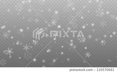 Winter background with snow in transparent Falling Snowflakes. Christmas snowflakes on a transparent background. Snowfall. Christmas or New Year card. Falling Snowflakes 120570081