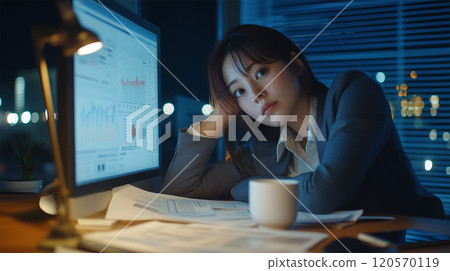 A Japanese businesswoman working late into the night. 120570119