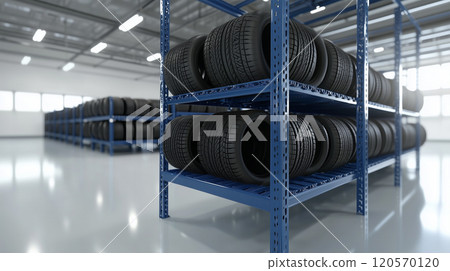 Tire racks neatly arranged in a warehouse 120570120