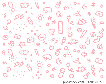 A cute background with an assortment of doodles: moon, hearts, cats, glitter A cute background with an assortment of doodles: moon, hearts, cats, glitter 120570159