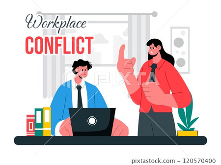 Workplace Conflict Illustration featuring Arguing Coworkers Having a Dispute in the Office While Discussing Business Issues and Teamwork Problems 120570400
