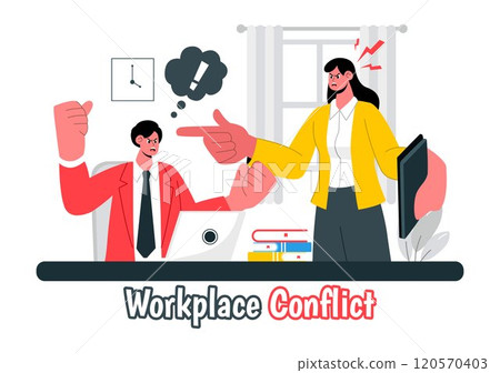 Workplace Conflict Illustration featuring Arguing Coworkers Having a Dispute in the Office While Discussing Business Issues and Teamwork Problems 120570403