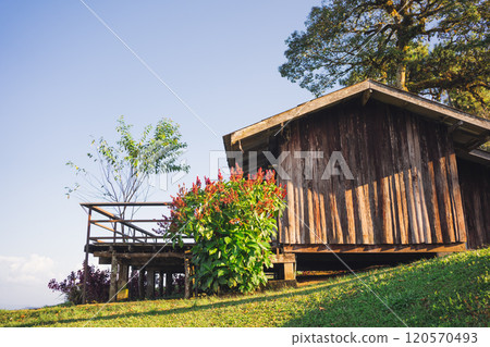 landscape and travel concept with sunlight and cloudy sky with country house on mountain landscape and travel concept with sunlight and cloudy sky with country house on mountain 120570493