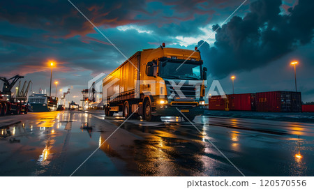 Truck trailer on the pier in the cargo port terminal with cranes and containers. AI Generated 120570556