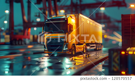 Truck trailer on the pier in the cargo port terminal with cranes and containers. AI Generated 120570557