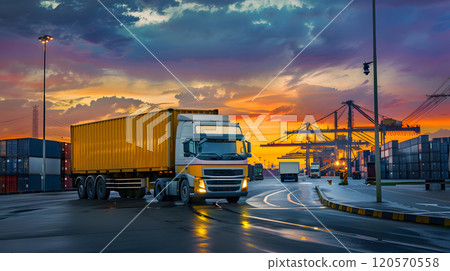 Truck trailer on the pier in the cargo port terminal with cranes and containers. AI Generated 120570558