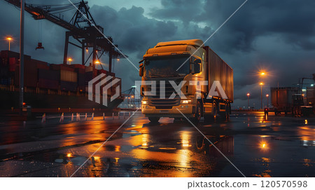 Truck trailer on the pier in the cargo port terminal with cranes and containers. AI Generated 120570598