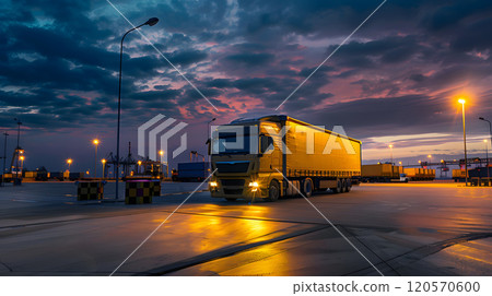 Truck trailer on the pier in the cargo port terminal with cranes and containers. AI Generated 120570600