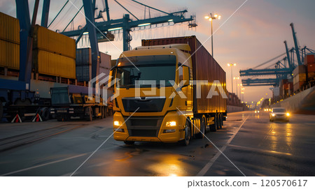 Truck trailer on the pier in the cargo port terminal with cranes and containers. AI Generated 120570617