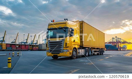 Truck trailer on the pier in the cargo port terminal with cranes and containers. AI Generated Truck trailer on the pier in the cargo port terminal with cranes and containers. AI Generated 120570619