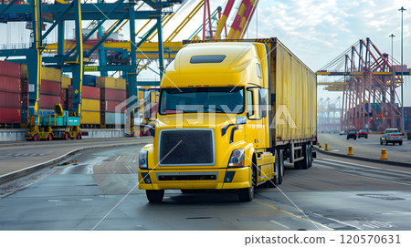 Truck trailer on the pier in the cargo port terminal with cranes and containers. AI Generated Truck trailer on the pier in the cargo port terminal with cranes and containers. AI Generated 120570631