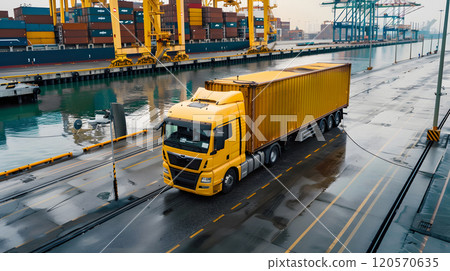 Truck trailer on the pier in the cargo port terminal with cranes and containers. AI Generated 120570635