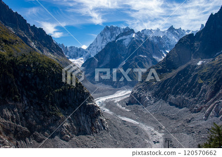View of the Grandes Jorasses across the Mer de Glace glacier from Montenvert, Chamonix, France 120570662