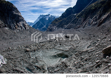View of the Grandes Jorasses across the Mer de Glace glacier from Montenvert, Chamonix, France View of the Grandes Jorasses across the Mer de Glace glacier from Montenvert, Chamonix, France 120570666