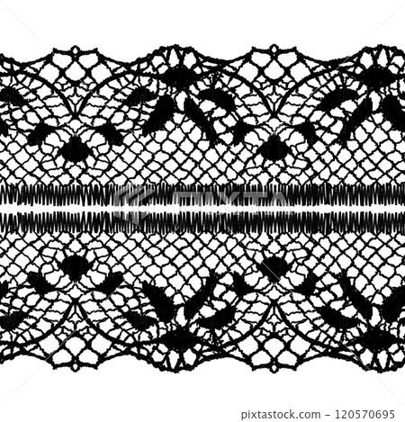 Ribbon lace in seamless border,vintage style,black color.Vector hand-drawn illustration with floral pattern.Lightweight and openwork for backgrounds,wedding,February 14,March 8,Mother's Day 120570695