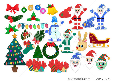 Festive Christmas Elements Set with Santa Claus, Snowman, and Decorations 120570730