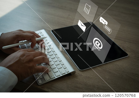 man using computer with the email, call phone CONTACT US (Customer Support Hotline people CONNECT ) 120570768