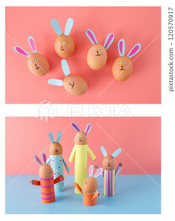 Group of five cardboard tube bunny crafts with egg-shaped heads, drawn faces, and colorful paper details. Creative DIY Easter project for kids activities or festive decoration ideas 120570917