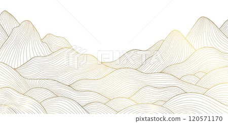 Vector abstract mountain, sea line gold japanese background. Desert landscape, rocks oriental illustration, hills 120571170